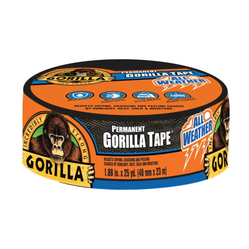 Gorilla 6009002 Permanent Tape, 25 yd L, 1.88 in W, Black Black