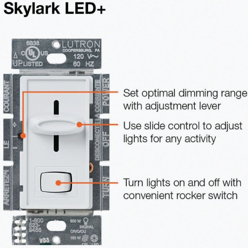 Lutron Skylark LED/CFL Slide Dimmer Switch Light Almond