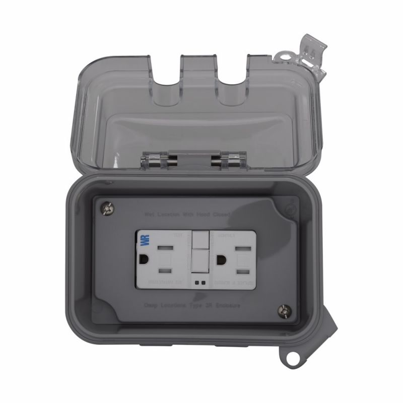 Eaton WIUXHTWRSGF15W GFCI Outlet Box, 4-1/2 in L, 6 in W, Polycarbonate, Gray Gray