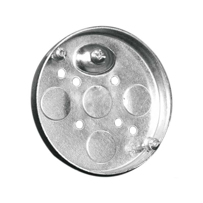 Hubbell 56111BAR Round Pan Box, 1/2 in OAD, 4-Knockout, Metal Housing Material