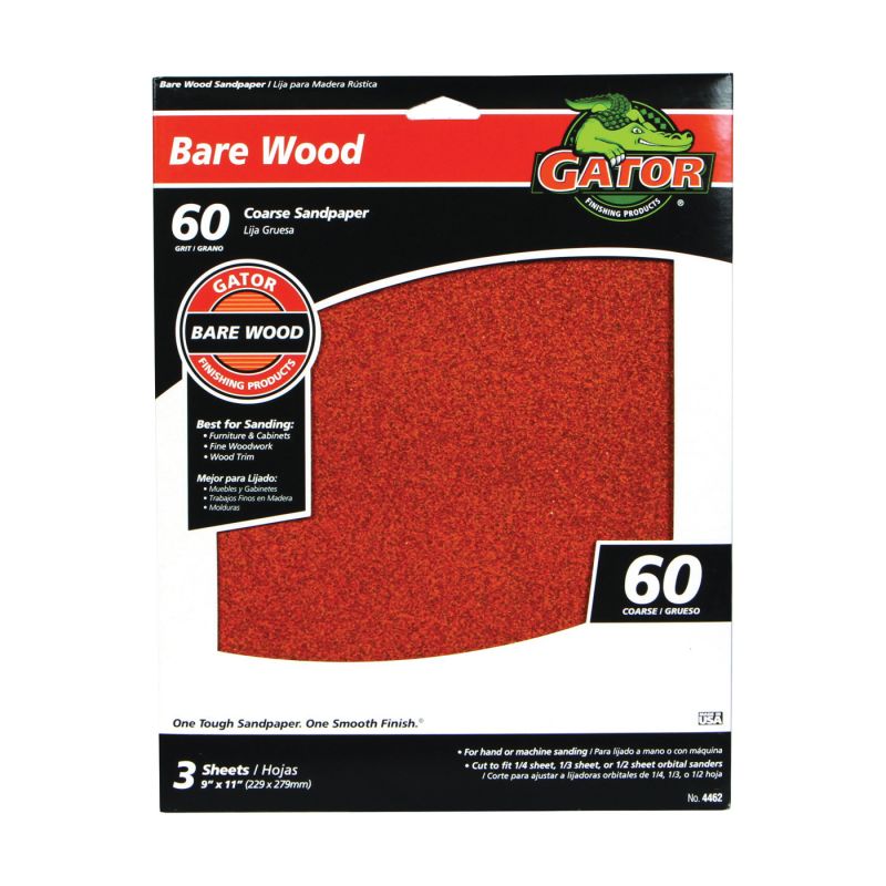 Gator 4462 Sanding Sheet, 11 in L, 9 in W, Coarse, 60 Grit, Garnet Abrasive, Paper Backing
