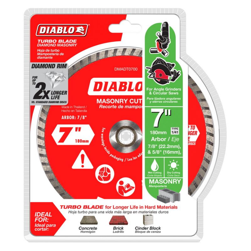 Diablo DMADT0700 Cut-Off Disc, 7 in Dia, 7/8, 5/8 in Arbor, Diamond Cutting Edge, Turbo Rim