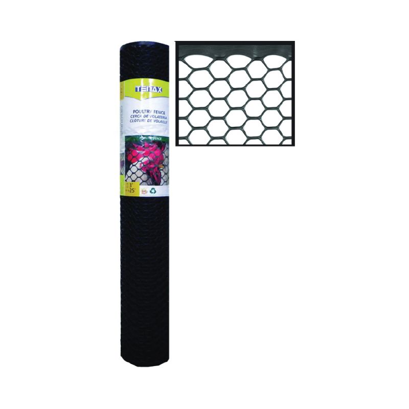 Tenax 206866 Poultry Fence, 25 ft L, 3 ft W, Hexagonal Mesh, 3/4 x 3/4 in Mesh, Plastic, Black Black