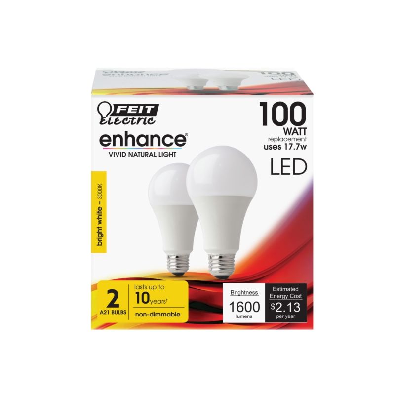 Feit Electric OM100/930CA10K/2 LED Bulb, General Purpose, A21 Lamp, 100 W Equivalent, E26 Lamp Base, Bright White Light, 2/PK