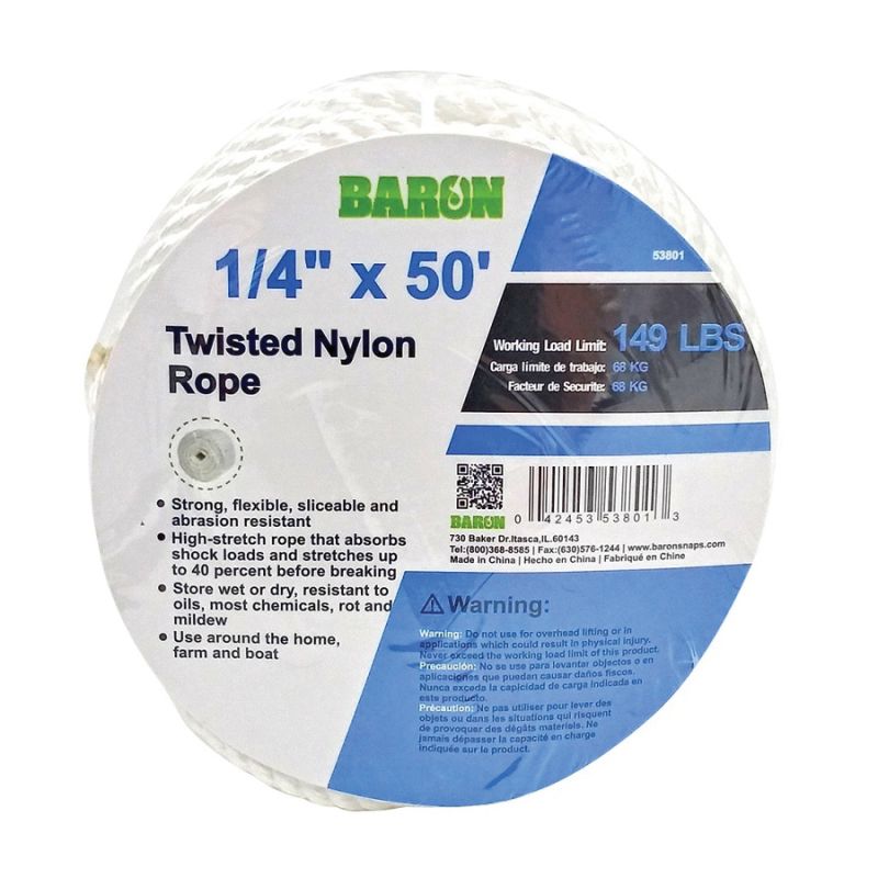 BARON 53801 Rope, 1/4 in Dia, 50 ft L, 149 lb Working Load, Nylon, White White
