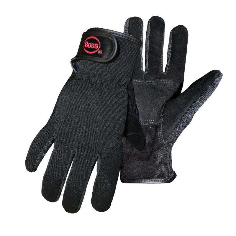 Boss GUARD 4043X Mechanic Gloves, Unisex, XL, Open, Shirred Elastic Back Cuff, Goatskin Leather/Spandex, Black XL, Black