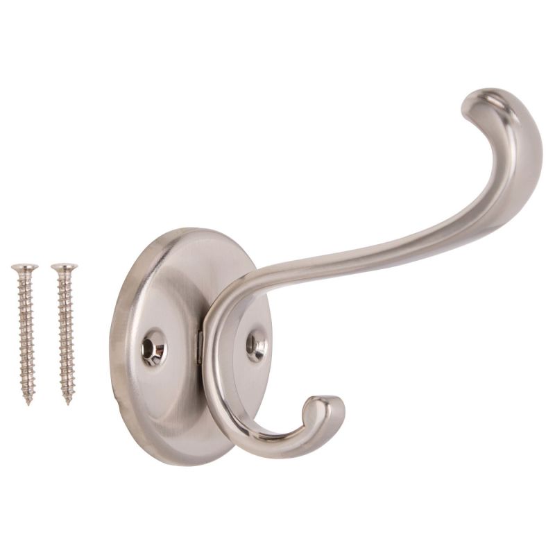 ProSource H-031-SN Coat and Hat Hook, 33 lb, 2-Hook, 1 in Opening, Zinc, Satin Nickel Silver