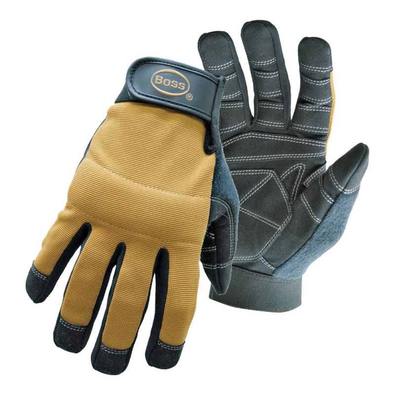 Boss 5206L Utility Mechanic Gloves, L, Sweat Wipe Thumb, Hook-and-Loop Cuff, Poly/Spandex/Synthetic Leather L