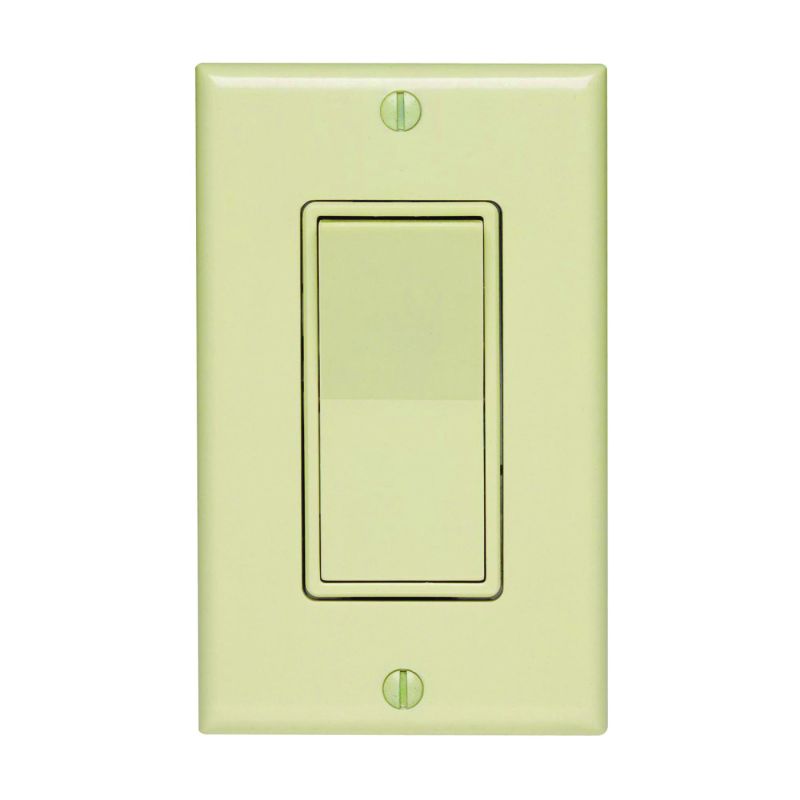 Leviton C25-05671-02I Rocker Switch with Wallplate, 15 A, 120/277 V, SPST, Lead Wire Terminal, Ivory Ivory