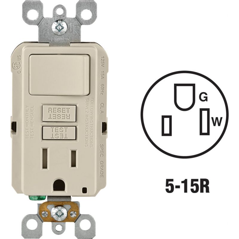 Leviton Self-Test Tamper Resistant GFCI Switch &amp; Outlet Combination With Wallplate Light Almond