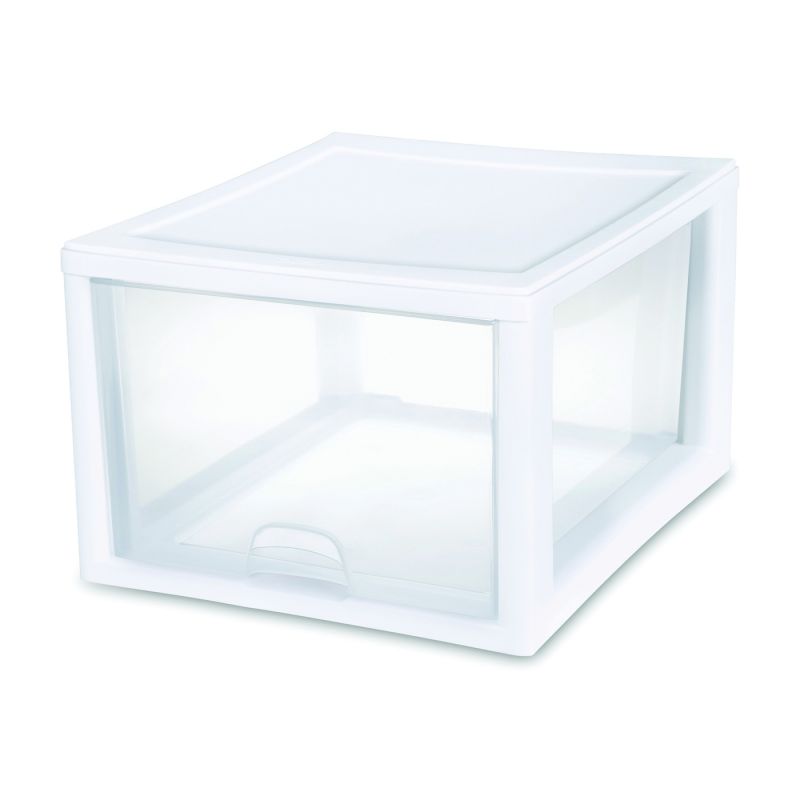 Sterilite 23108004 Stackable Drawer, 27 qt Capacity, 1-Drawer, Plastic, 14-3/8 in OAW, 17 in OAH, 10-1/4 in OAD 27 Qt, Clear/White
