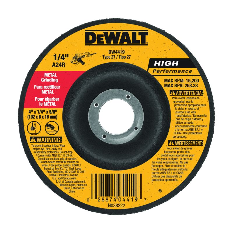 DeWALT DW4419 Grinding Wheel, 4 in Dia, 1/4 in Thick, 5/8 in Arbor, 24 Grit, Very Coarse, Aluminum Oxide Abrasive Black/Yellow