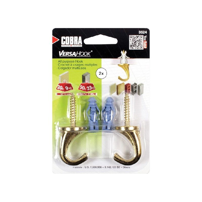 Cobra Anchors VersaHook 3524 Hanger, 20 lb, Brass
