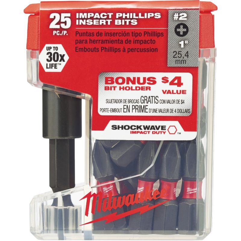 Milwaukee Shockwave #2 Insert Impact Screwdriver Bit with Magnetic Holder Phillips #2