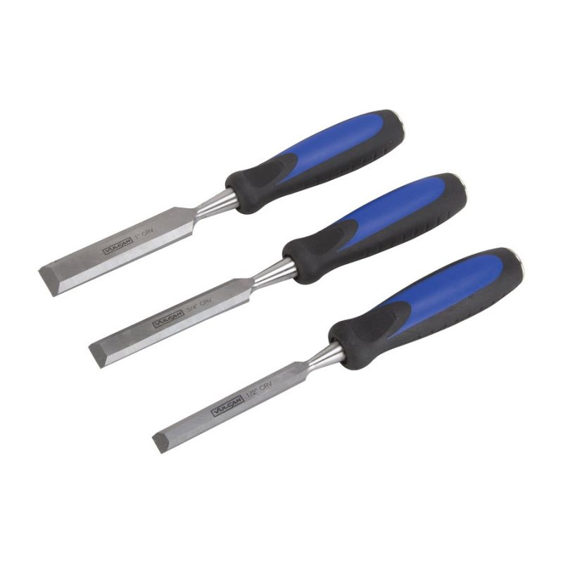 Vulcan JL-CH3PC Chisel Set with Striking Cap, 4-Piece, CRV, Polished, Blue and Black Blue And Black
