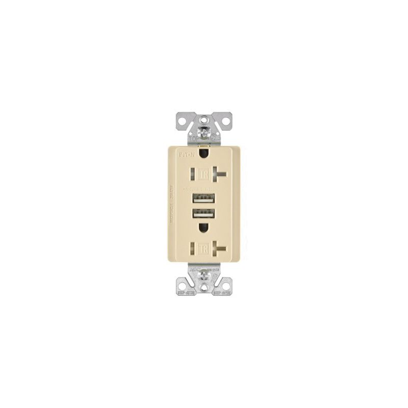 Eaton TR7756V-BOX Combination USB Receptacle, 2-Pole, 20 A Receptacle, 3 A USB, 125 VAC Receptacle, 5 VDC USB, Ivory Ivory