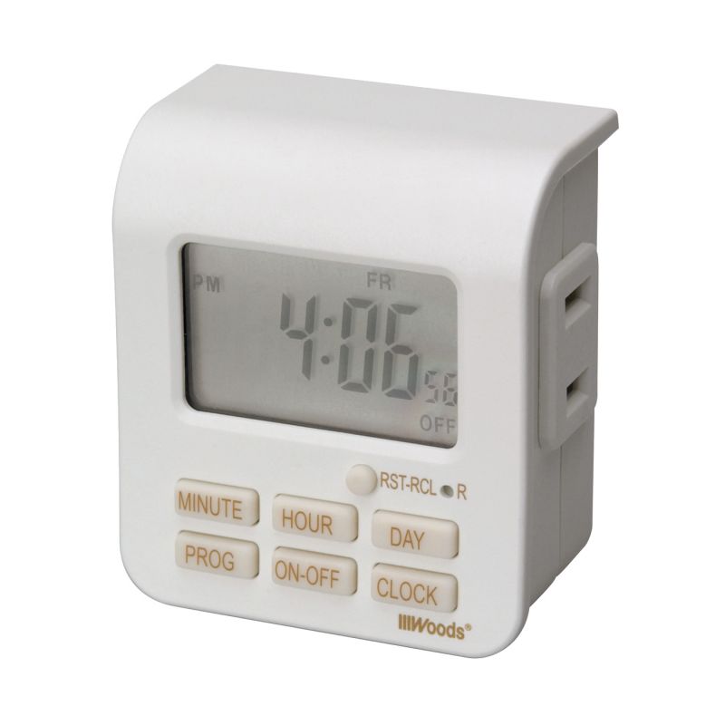 Woods 50008 Digital Timer, 10 A, 125 V, 1250 W, 7 days Time Setting, 20 On/Off Cycles Per Day Cycle, White White