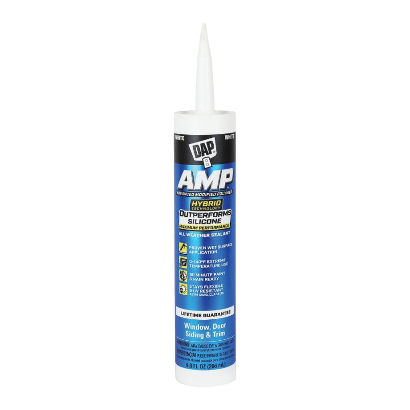 DAP AMP 7079800760 Advanced Sealant Caulk, White, 30 to 60 min Curing, 0 to 140 deg F, 9 oz Cartridge White