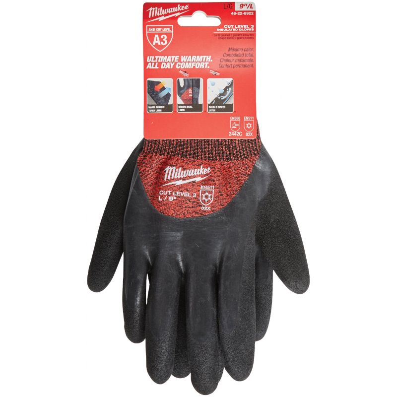 Milwaukee Latex Coated Cut Level 3 Insulated Glove L, Red &amp; Black