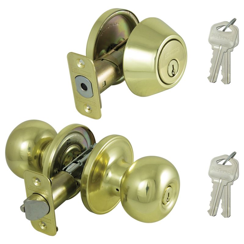 ProSource B9721BRA4F Deadbolt and Entry Lockset, Turnbutton Lock, Ball Design, Polished Brass, 3 Grade, Brass