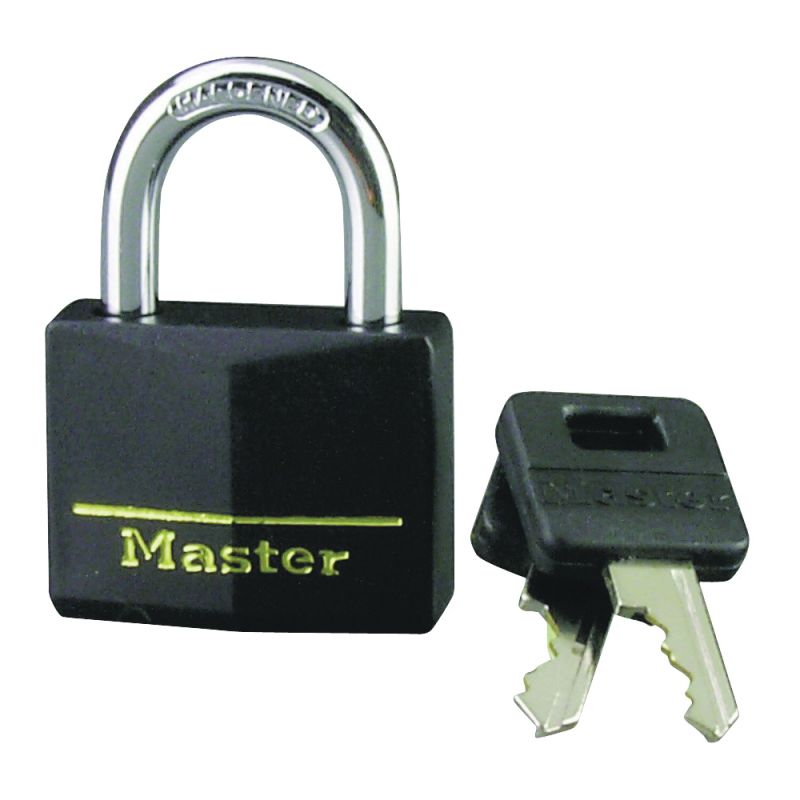 Master Lock 141D Padlock, Keyed Different Key, 1/4 in Dia Shackle, Steel Shackle, Brass Body, 1-9/16 in W Body Black
