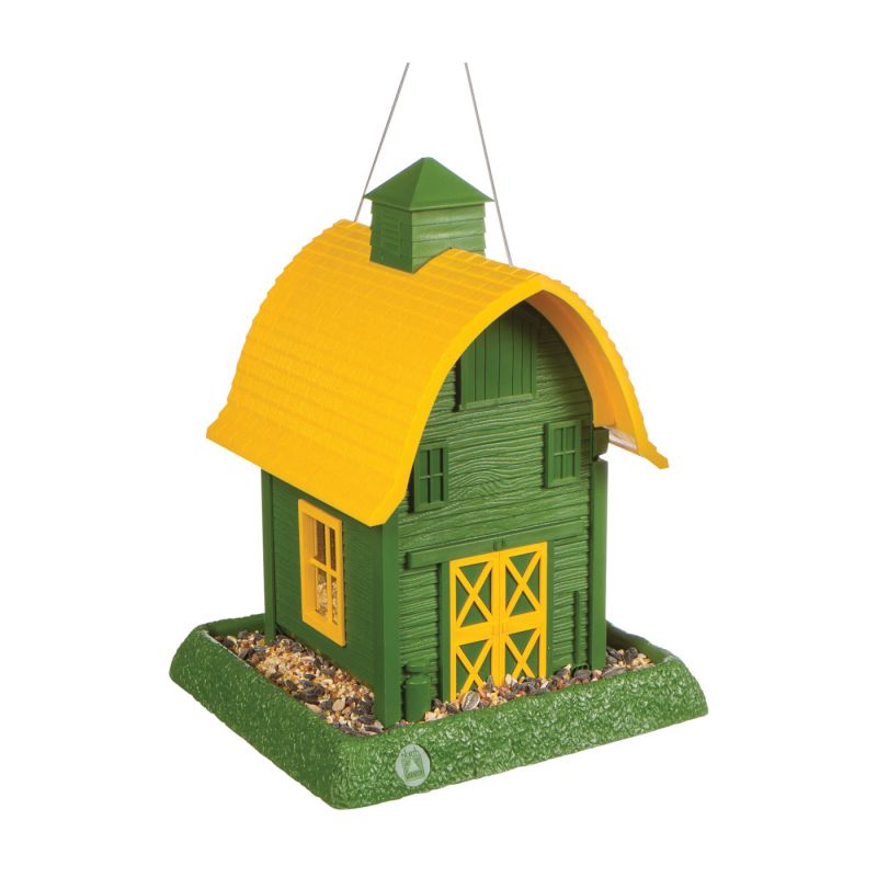 North States 9096 Hopper Bird Feeder, Barn, 5 lb, Plastic, Green/Yellow, 13-1/4 in H, Hanging/Pole Mounting Green/Yellow
