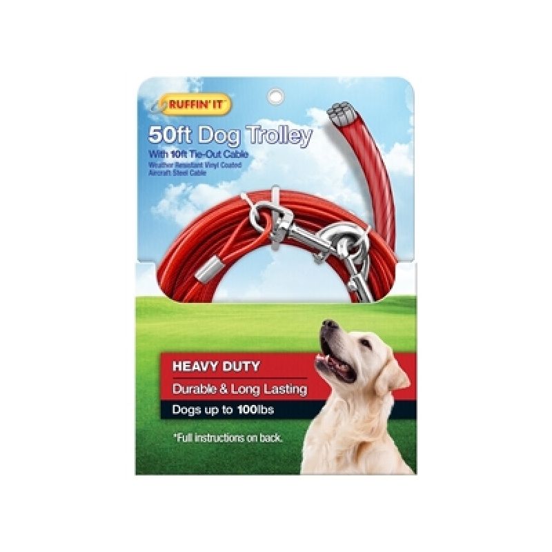 Ruffin&#039;It 29450 Tie-Out Cable with Dog Trolley, Swivel Snap End, 10 ft, Steel, Red, For: Dogs up to 100 lb Red