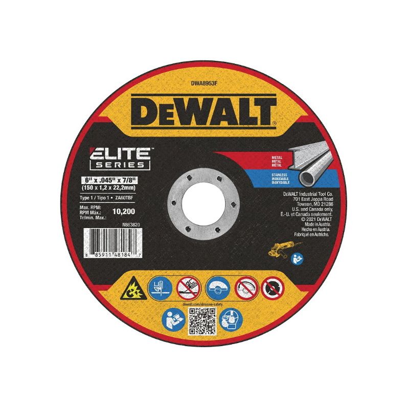 DeWALT ELITE Series DWA8953F Cutting Wheel, 6 in Dia, 0.04 in Thick, 7/8 in Arbor, Ceramic Abrasive