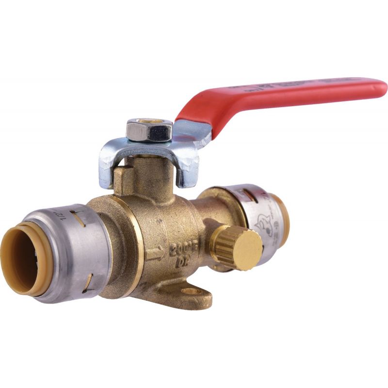 SharkBite Brass Push-Fit Ball Valve with Drain &amp; Mounting Tab 1/2 In. X 1/2 In. X 1/8 In.
