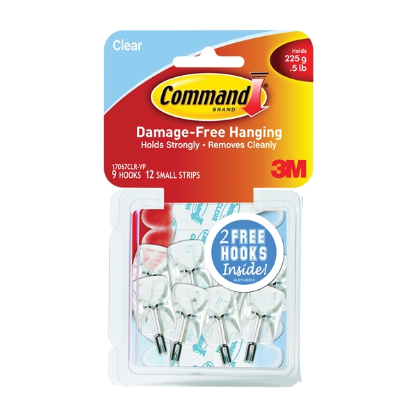 Command 17067CLR-VP Wire Hook, 0.5 lb, 9-Hook, Plastic, Clear