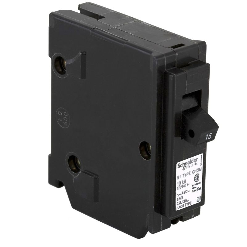 Square D Homeline CHOM115CP Circuit Breaker, Mini, Standard, 15 A, 1 -Pole, 120/240 VAC, Plug Mounting, Black Black