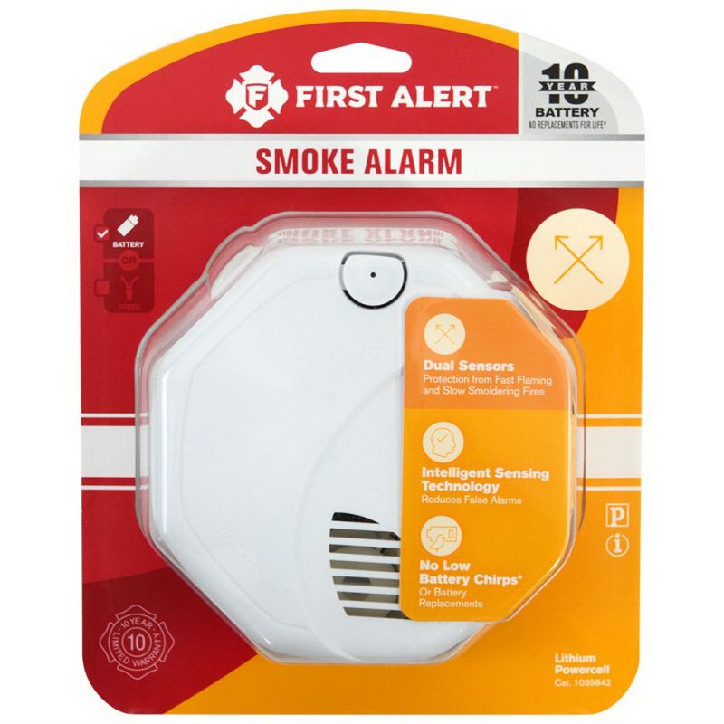 First Alert 1039842 Smoke and Fire Alarm with Battery, Lithium-Ion Battery, Ionization, Photoelectric Sensor, 85 dB