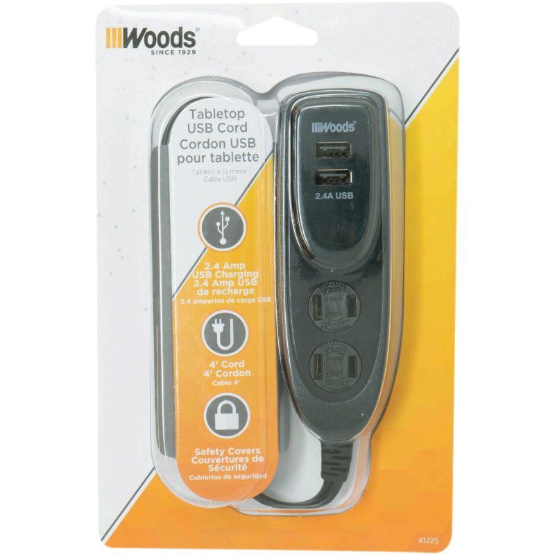Woods Desktop USB Charger Black, 2.4A USB/13A