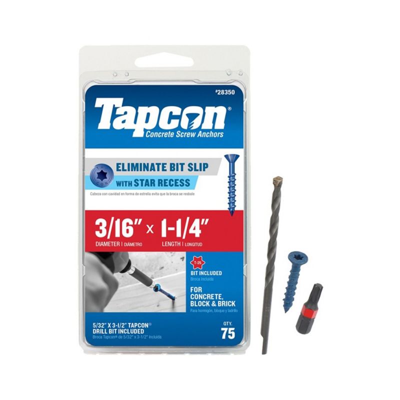 Tapcon 28350 Concrete Screw Anchor, 3/16 in Dia, 1-1/4 in L, Steel, Climaseal Blue