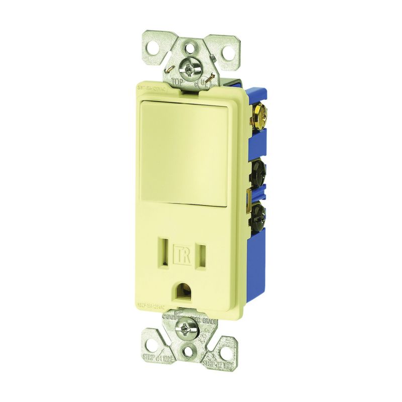 Eaton Cooper Wiring TR7730V Combination Switch/Receptacle, 1 -Pole, 15 A, 120/277 V, Ivory Ivory