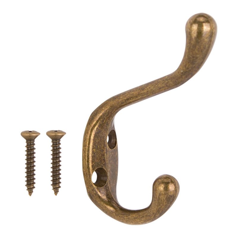 ProSource H6271007AB-PS Coat and Hat Hook, 22 lb, 2-Hook, 1-1/64 in Opening, Zinc, Antique Brass Gold