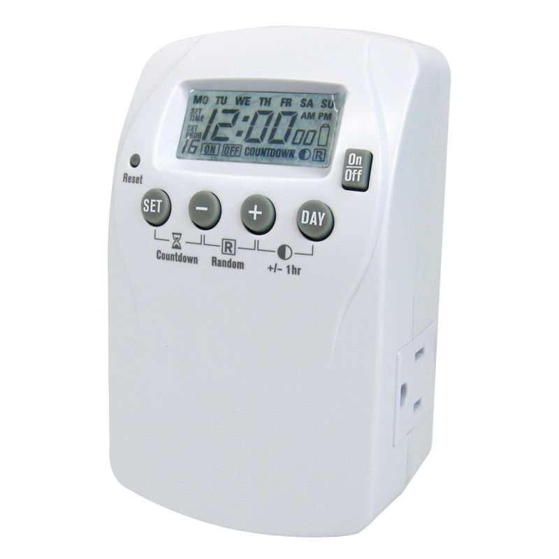 PowerZone TNDHD002 Timer, 15 A, 125 V, 1875 W, 2-Outlet, 7 days Time Setting, 16 On/Off Cycles Per Day Cycle White