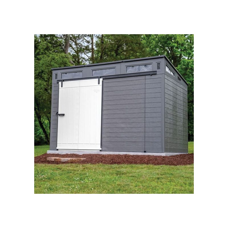 Suncast Modernist BMS9000 Barn Door Storage Shed, 483 cu-ft, 10 ft 9-1/2 in W, 7 ft 3-1/2 in D, Resin 483 Cu-ft, Black/Passive/Peppercorn