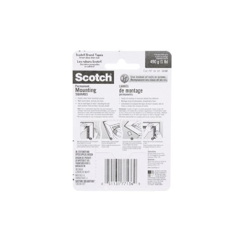 Scotch 111C Mounting Square, 25.4 mm W, 25.4 mm L, Urethane Foam Backing, White, 1 lb White
