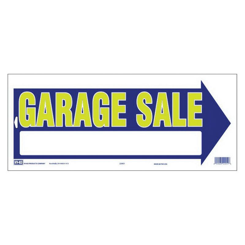 Hy-Ko 22451 Directional Sign, GARAGE SALE (Arrow), Yellow Legend, Blue Background, Plastic, 9 in H x 18 in W Dimensions