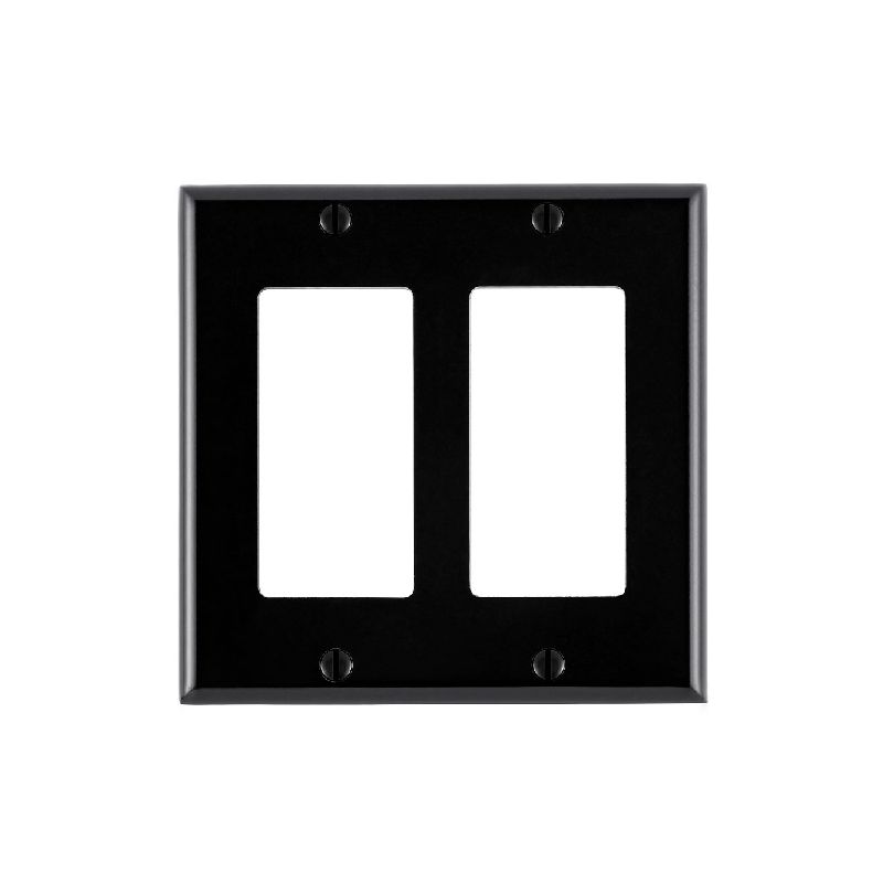Leviton 80409-E Wallplate, 4-1/2 in L, 4.56 in W, 2-Gang, Thermoset Plastic, Black, Smooth Black