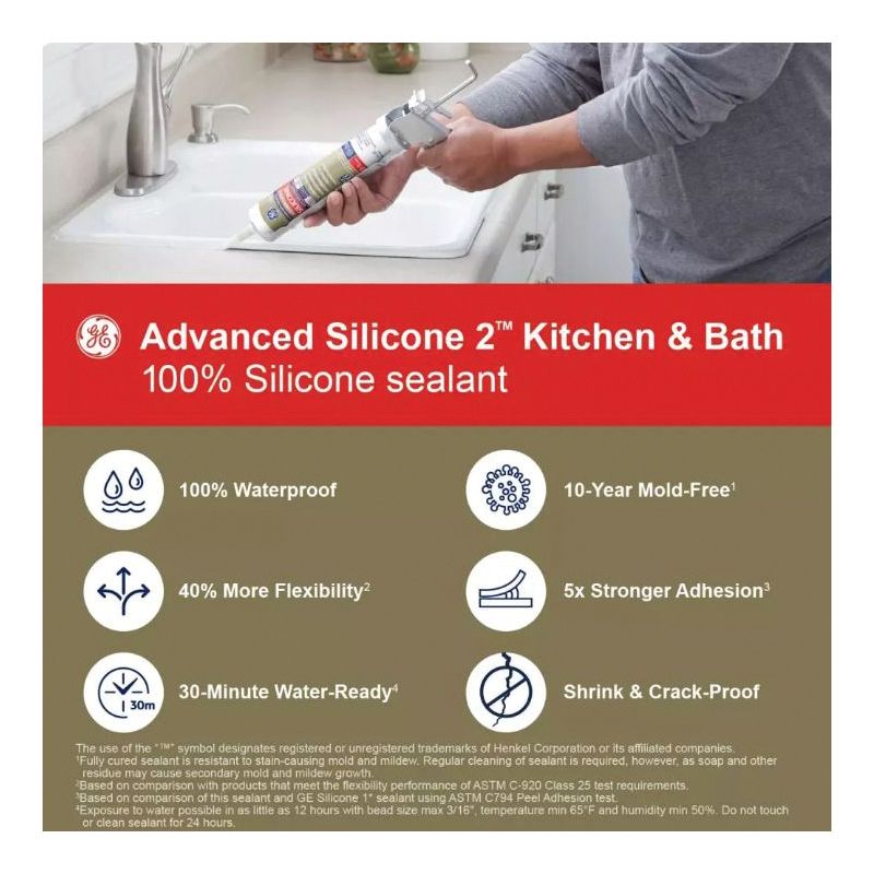 GE Advanced Silicone 2 2816707 Kitchen &amp; Bath Sealant, Almond, 24 hr Curing, 10.1 fl-oz Cartridge Almond (Pack of 12)