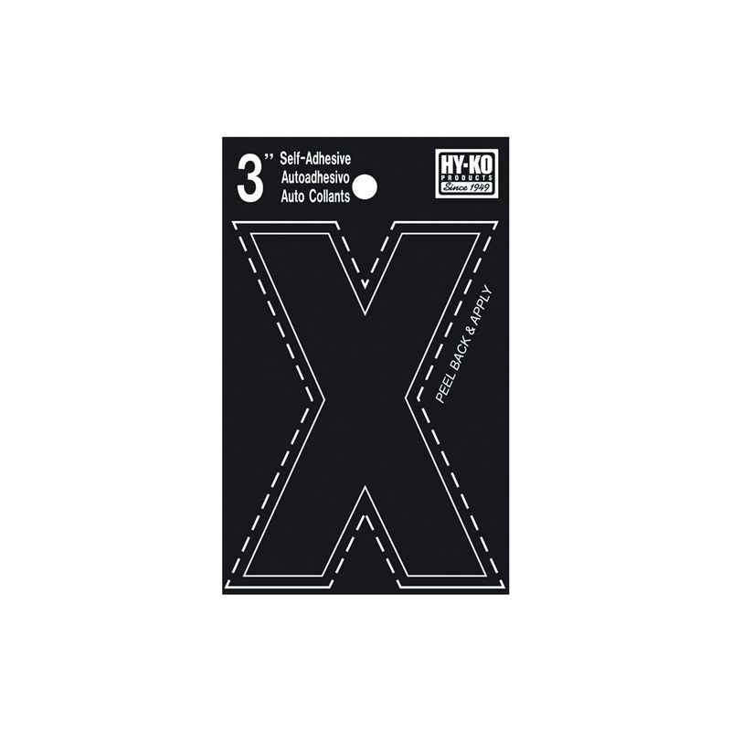 Hy-Ko 30400 Series 30434 Die-Cut Letter, Character: X, 3 in H Character, Black Character, Vinyl