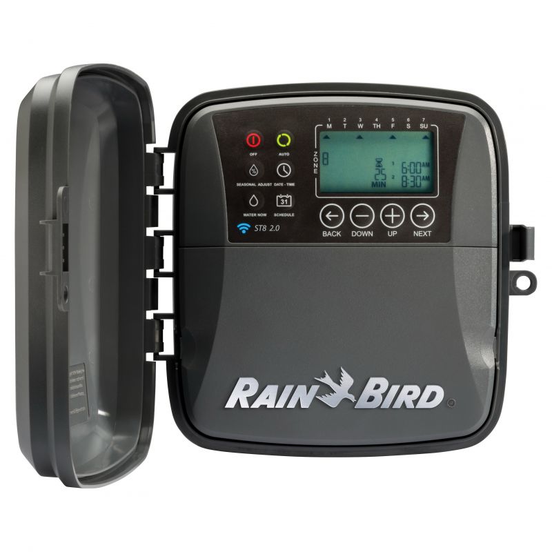 Rain Bird ST8O-2.0 Irrigation Timer, 24/120 VAC, 8 -Zone, 6 -Program, Digital Display, Wall Mounting, Gray Gray