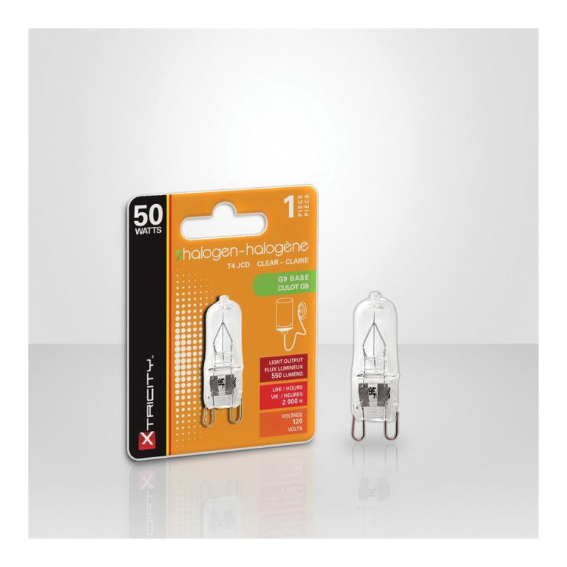 Xtricity 1-62021 Halogen Bulb, 50 W, G9 Lamp Base, T4 JC Lamp, Soft White Light, 550 Lumens, 2700 K Color Temp