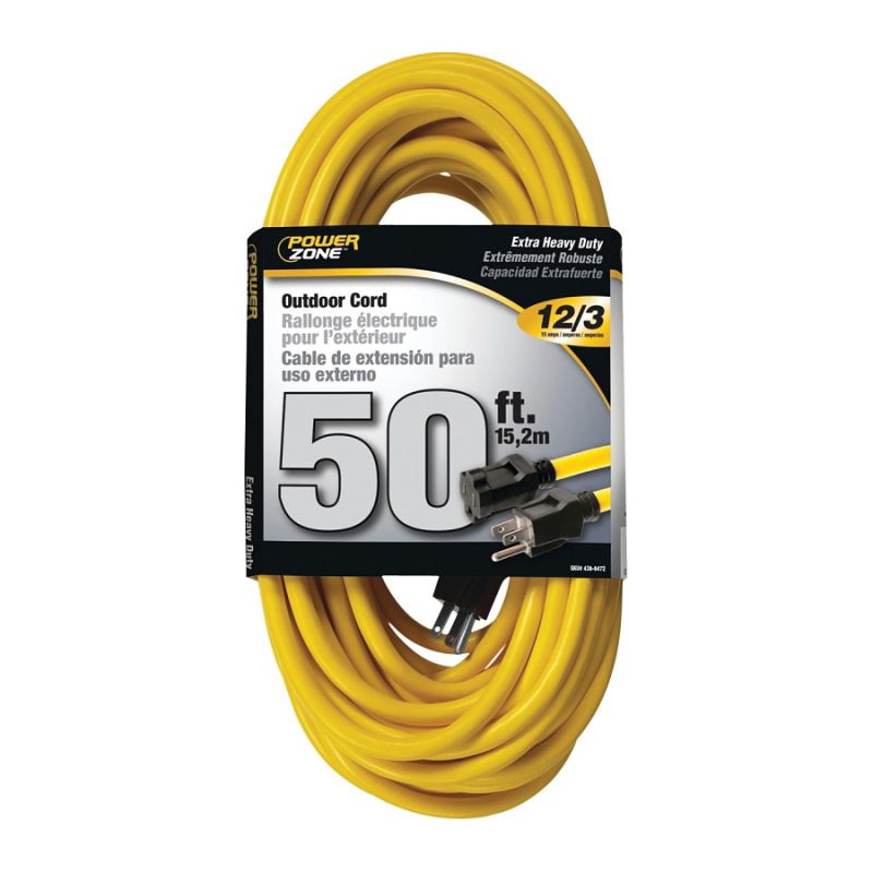 PowerZone OR500830 Extension Cord, 12 AWG Cable, 50 ft L, 125 V, Yellow