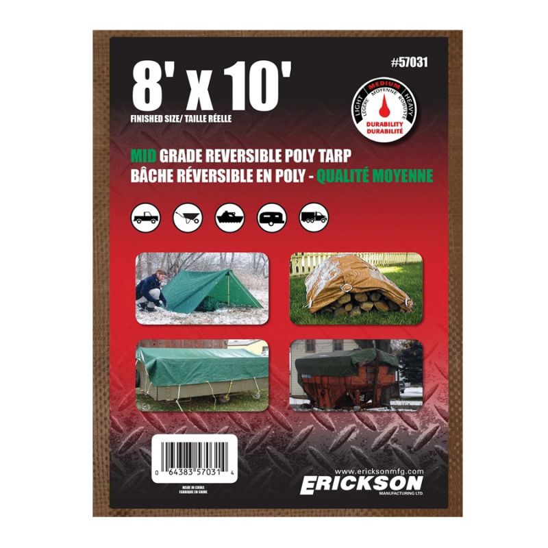 Erickson 57031 Mid-Grade Reversible Tarp, 10 ft L, 8 ft W, 4 mm Thick, Polyethylene, Brown/Green Brown/Green