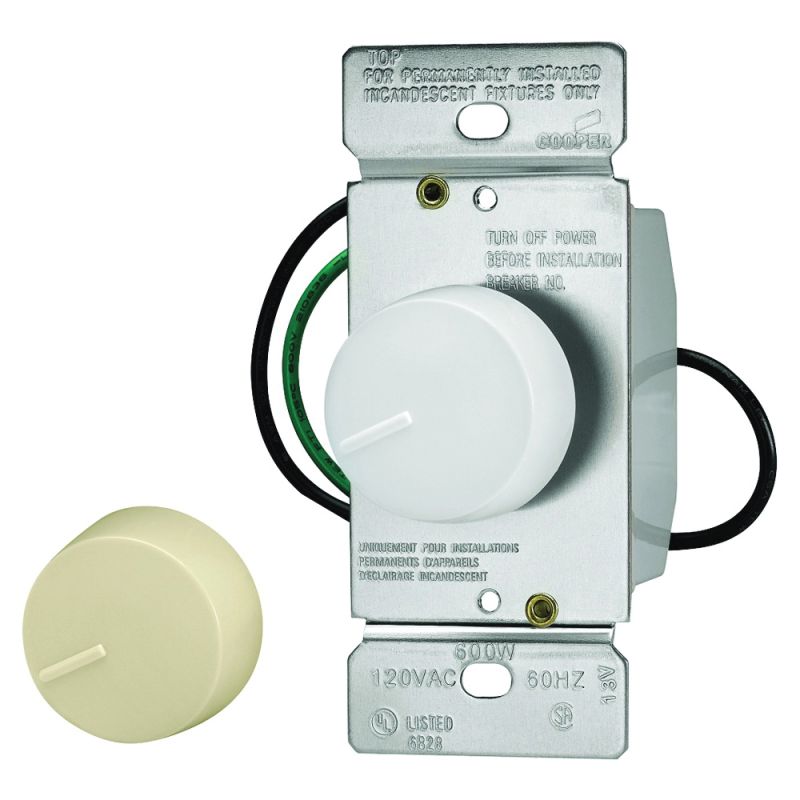Eaton Wiring Devices RI06P-VW-K2 Rotary Dimmer, 120 V, 600 W, Halogen, Incandescent Lamp, 3-Way, Ivory/White Ivory/White