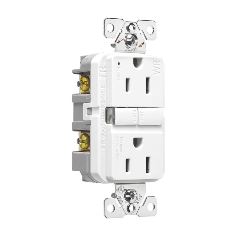 Eaton TWRGF15W Tamper and Weather-Resistant GFCI Receptacle, 125 V, 15 A, NEMA: NEMA 5-15R, Back, Side Wiring White