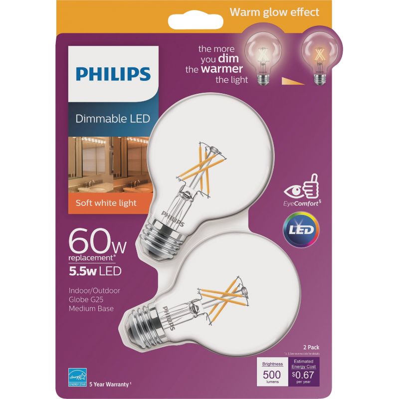 Philips Warm Glow G25 Medium Dimmable LED Decorative Globe Light Bulb